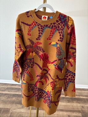 FARM Rio Mustard Tropical Animal Knit Dress with Red, Purple & Teal Accents